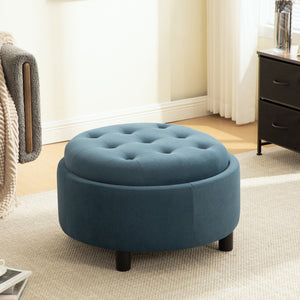 English Elm 29.33"w Fleece Tufted Round Storage Ottoman Reversible Lid Footstool for Living Room Blue W3189P422398
