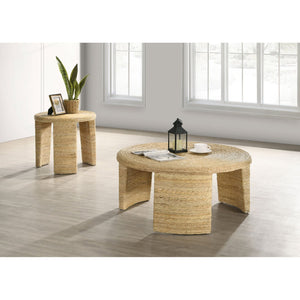 English Elm Mize Natural Woven Rattan Round Coffee Table with Tapered Legs, Coastal Banana Leaf Finish, 36"Wide B062P358426