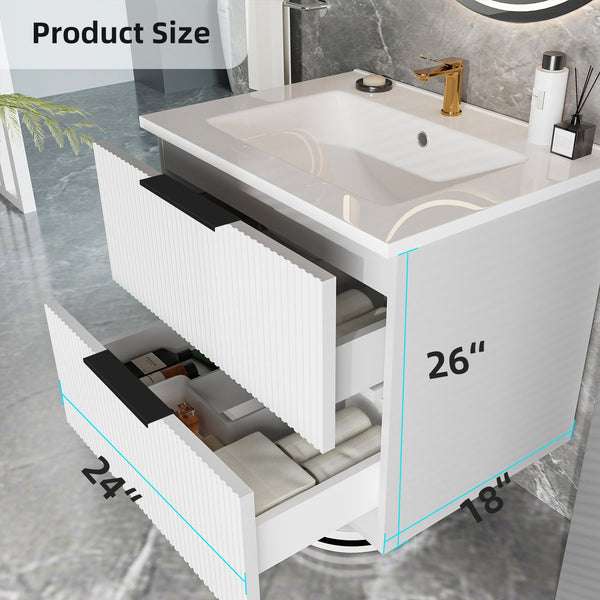 English Elm 24 Compact Bathroom Vanity with Sink — Floor-Standing Stability, Soft-Close Drawers, Large Storage, Durable Finish Matte White 26.38 L x 22.83 W x 7.87 H W3520S00004