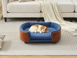 English Elm Scandinavian Elevated Pet Sofa Bed with Walnut Bent Wood Back, Velvet Stain-Resistant Fabric, Cozy Rest Dark Blue W794125923