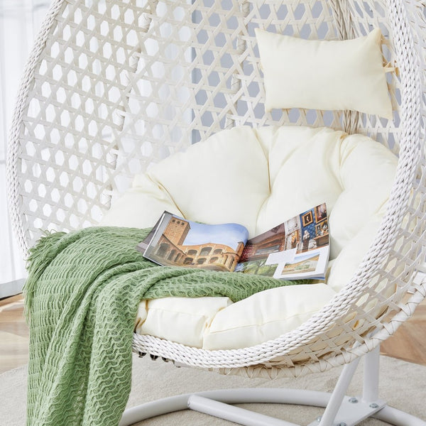 English Elm 76.8-inch Hand Woven Rattan Egg Swing Chair Indoor Outdoor with Cushion Lumbar Pillow White W1512P498593