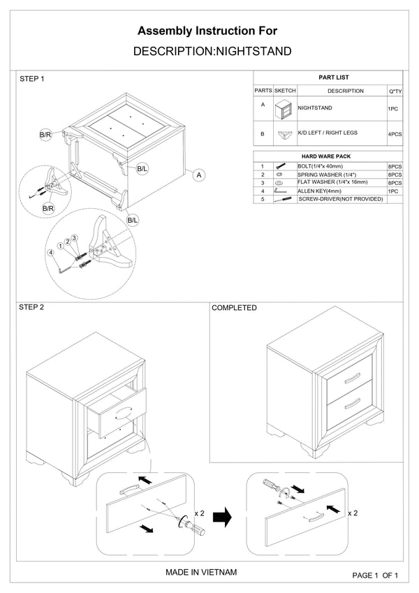 English Elm Modern 1pc Nightstand Compact Wooden Bedside Table with 2 Drawers — Space-Saving Stylish Storage B011P197293