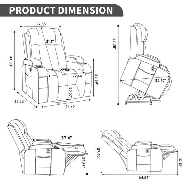English Elm Beige Pu Leather Power Lift Recliner with Massage Lumbar Heat and Usb Charging Beige W1803S00085