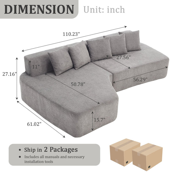 English Elm Compression Sectional Couch with Corduroy Upholstery, Deep-Seated Modular L-Shaped Sleeper Sofa, No-Assembly Comfort and Stability LIGHT GREY W1249S00007