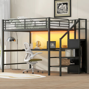 English Elm Full Size Metal Loft Bed With Desk, Storage Staircase, Wardrobe & Led Light - Space-Saving Design GX000620AAD