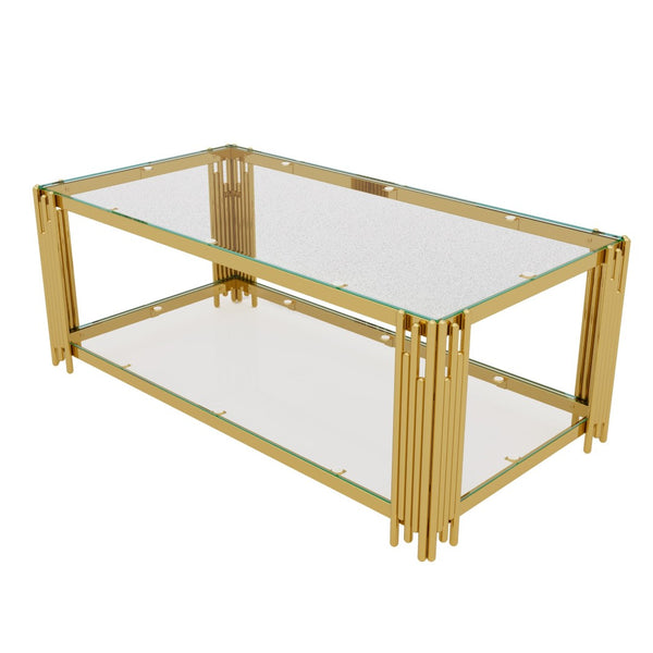 English Elm Modern Glam Rectangular Coffee Table with Mirrored Top Gold Sculptural Frame Open Shelf Transparent N735P380101K