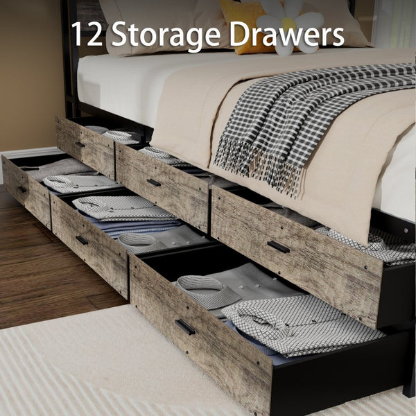 English Elm Queen Metal Platform Bed with 12 Storage Drawers Bookcase Headboard and Rgb Lighting W636S00008
