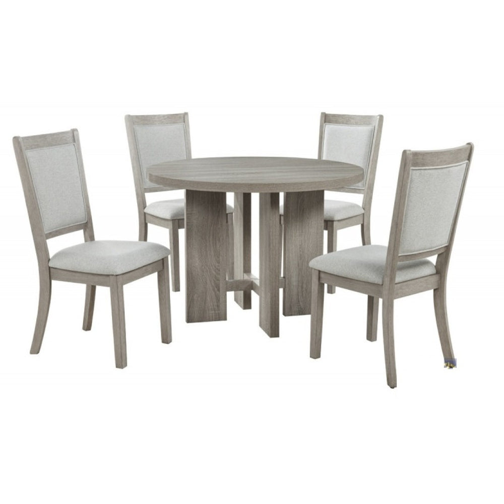 English Elm Farmhouse Round Dining Set 42 Inch Oak Table with Four Upholstered Chairs Seats B011S02196