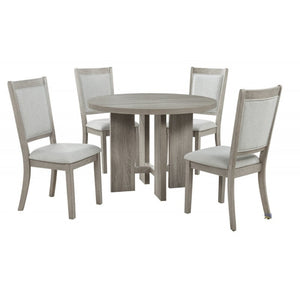 English Elm Farmhouse Round Dining Set 42 Inch Oak Table with Four Upholstered Chairs Seats B011S02196