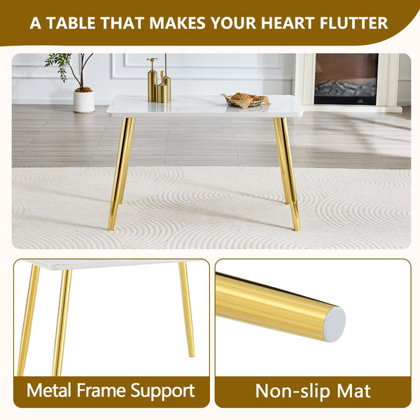 English Elm Table and Chair Set Marble Glass Top Gold Legs Pu Leather Seats Modern Dining White+Gold W1151S04635