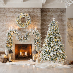 English Elm Christmas Snow Flocked Wreath Set with 9ft Garland & 6ft Tree, Warm LED Lights, 3-Piece Indoor Decor (100) PX283313AAW