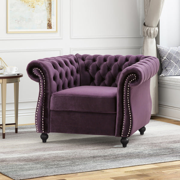 English Elm Christopher Knight Home® - Chesterfield Velvet Club Chair with Birch Wood Legs — Luxurious Textures, Deep Comfort, Elegant Accent Seating Dark Purple 34.75 L x 34 W x 24.75 H 66583.00BLKBRY