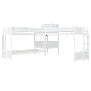 English Elm Twin L-shaped Bunk Bed Pine Wood Corner Design with Desk Drawers and Usb Charging White N820S00079K