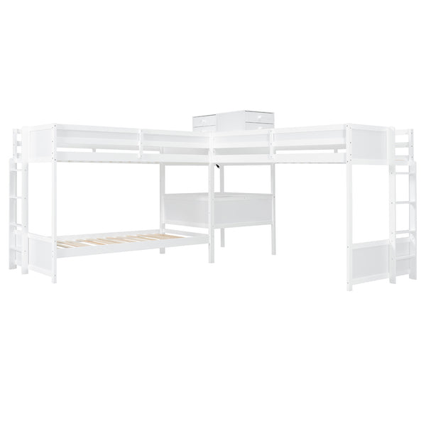 English Elm Twin L-shaped Bunk Bed Pine Wood Corner Design with Desk Drawers and Usb Charging White N820S00079K