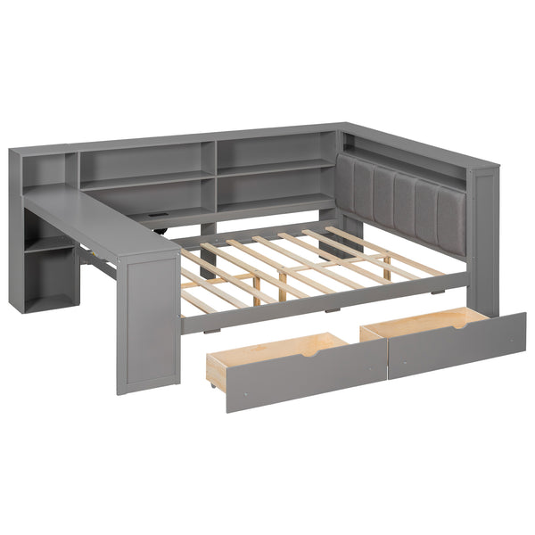 English Elm Wood Full Platform Bed with Led Headboard Built-in Desk Charging Station and Storage Shelves Grey N7090001047E-1