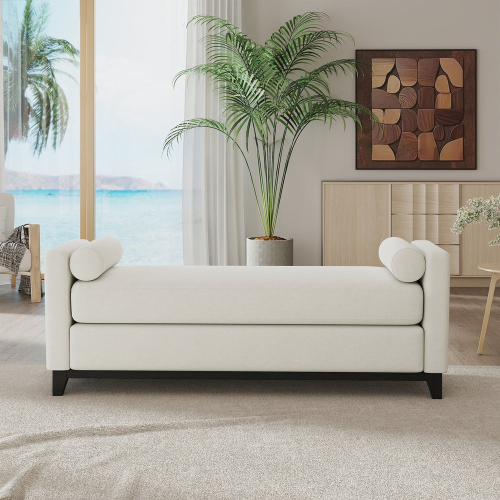 English Elm 66.34 Inch Sherpa Fleece Bench with Fluted Wood Legs Bolster Pillows Mid-century Lounge Beige+Black W1658P445919