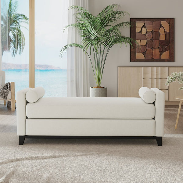 English Elm 66.34 Inch Sherpa Fleece Bench with Fluted Wood Legs Bolster Pillows Mid-century Lounge Beige+Black W1658P445919