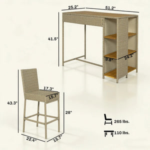English Elm Garden Dialogue Acacia and Wicker Outdoor Bar Set with Four Tucking Barstools Beige+Brown,Natural Wood T3971S00205