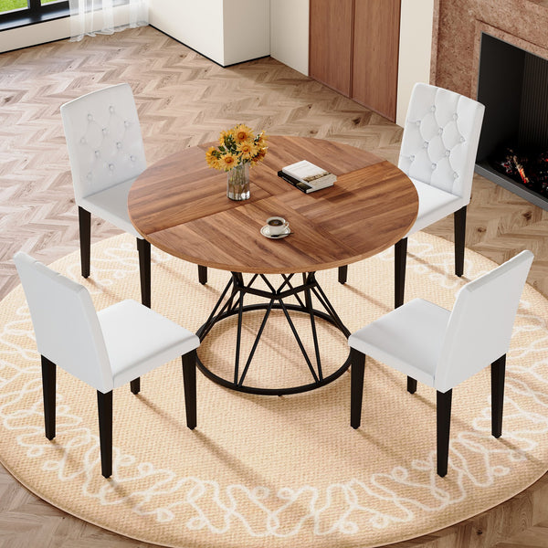English Elm Table and Chair Set Retro Rectangular Dining with Textured Black Top Gray Linen Seats W1151S04849