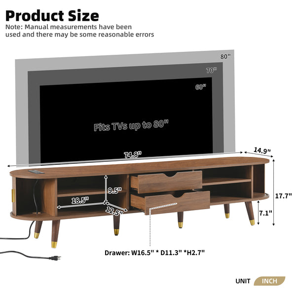 English Elm Wooden Fluted Tambour Media Console Mid Century Modern Tv Stand with Built in Charging Walnut N721P428444D
