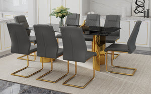 English Elm Table With Glass Top & 8 Chairs - Modern Imitation Marble Dining Set With Golden Stainless Steel Legs W1151S04331-GIGA
