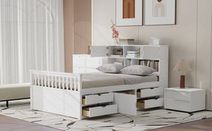 English Elm Full Size Captain Platform Bed Frame With Bookcase Headboard, Storage Drawers & White Finish N7090000473K