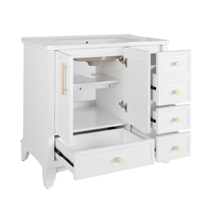 English Elm 35.6" Freestanding Bathroom Vanity with Roman Column Base and Ceramic Integrated Sink White W1801S00003
