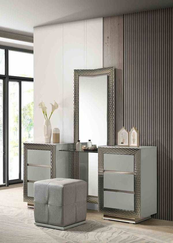 English Elm Glam Elegant Vanity Set with LED Mirror, Plush Stool, Ample Storage, Felt-Lined Drawers, Chic Finish Gray 26 L x 19 W x 38 H B2741S00674
