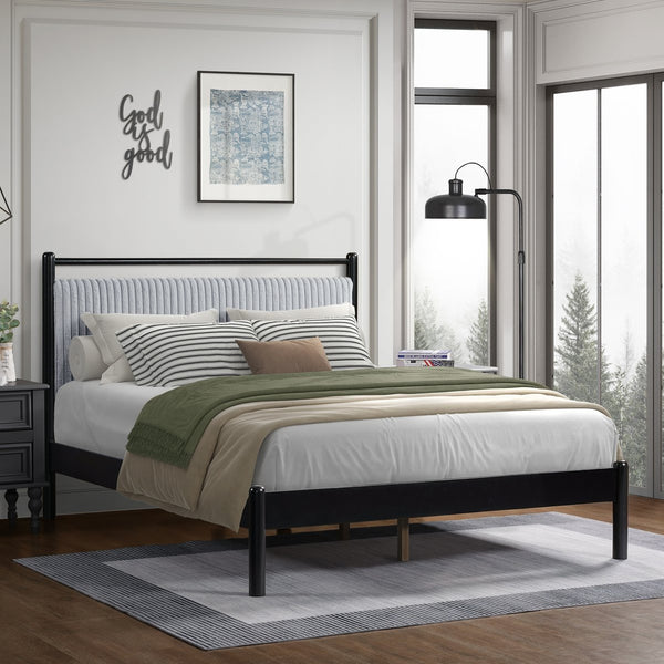 English Elm Christopher Knight Home® - Queen Wood Platform Bed with Fluffy Grey Headboard, Sturdy Black Frame, 800 lb Slats, Storage-Friendly N758D797475B