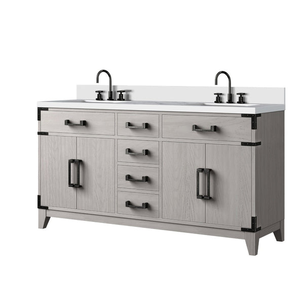 English Elm White Oak Double Bath Vanity 60" W X 22" D, White Quartz Top, Chrome Faucet & Ample Storage Options B2731P259876-GIGA