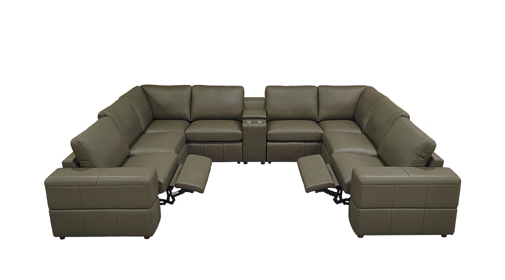 English Elm Premium Leather Match Sectional with Dual Recliners Console and Cup Holders Included Olive Green B2748S00161