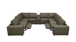 English Elm Premium Leather Match Sectional with Dual Recliners Console and Cup Holders Included Olive Green B2748S00161