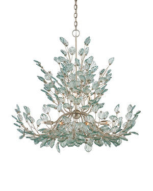 Currey & Company Baobab Medium Silver Chandelier - Elegant Biophilic Design With Recycled Glass Leaves & Dimmable Light Blue Recycled Glass ,Wrought Iron 9000-1294-currey-company