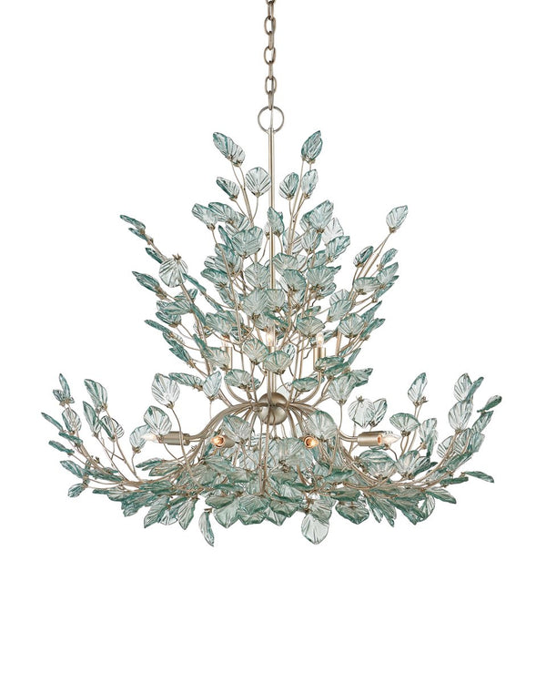 Currey & Company Baobab Medium Silver Chandelier - Elegant Biophilic Design With Recycled Glass Leaves & Dimmable Light Blue Recycled Glass ,Wrought Iron 9000-1294-currey-company