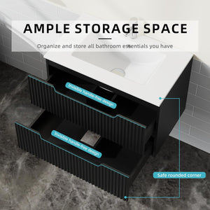 English Elm Goodyo 30 Inch Wall Mounted Bathroom Vanity with Ceramic Sink, Soft-Close Drawers & Spacious Storage Black W1223S00034