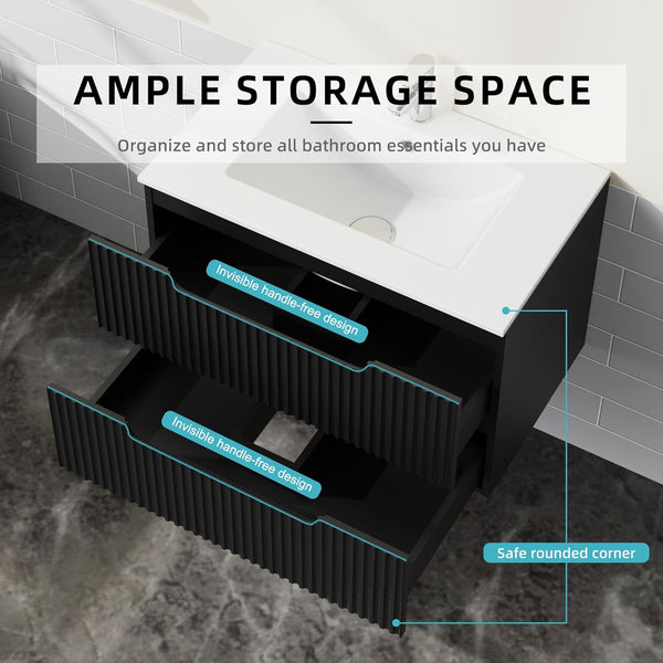 English Elm Goodyo 30 Inch Wall Mounted Bathroom Vanity with Ceramic Sink, Soft-Close Drawers & Spacious Storage Black W1223S00034
