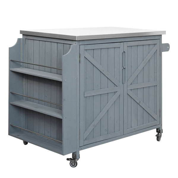 English Elm K&k Rolling Outdoor Kitchen Island Solid Fir Wood Stainless Steel Top Storage Cabinet Grey+Blue N707P370287G
