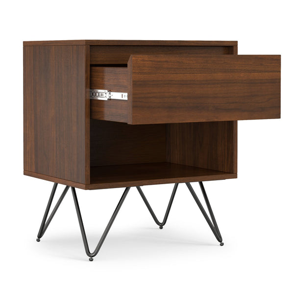 English Elm Hunter Handcrafted Nightstand with Solid Wood Veneer, Single Drawer & Open Shelf, Modern Industrial Design Walnut B136P364301