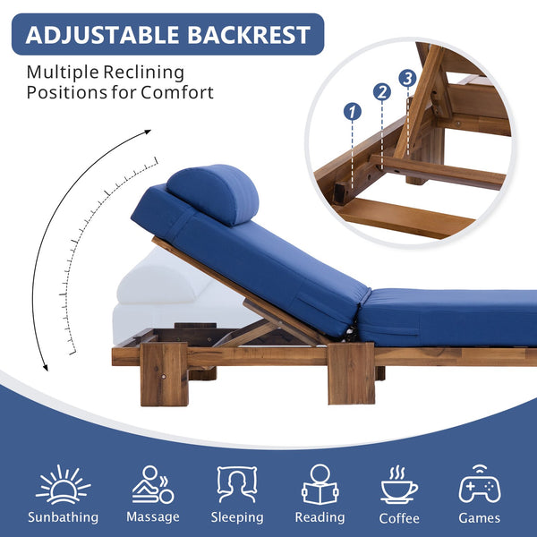 English Elm U_style Acacia Wood Outdoor Chaise Lounge with Retractable Tray and Padded Headrest Navy Blue WY000473AAC