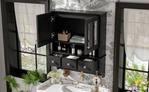 English Elm 4-in-1 Wall Mounted Bathroom Cabinet with Mirror Drawers and Towel Hooks Vanity Black N710P405416B