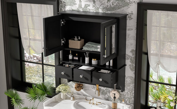 English Elm 4-in-1 Wall Mounted Bathroom Cabinet with Mirror Drawers and Towel Hooks Vanity Black N710P405416B
