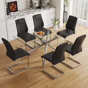 English Elm Table Modern 7-Piece Dining Set With Transparent Tempered Glass Top & 6 Black Pu Chairs, Stylish Design W1151S04128-GIGA