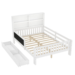 English Elm Full Solid Wood Platform Bed with Chalkboard Headboard, Storage Drawers & Shelves, Kid-Friendly White Off White W1580P362707