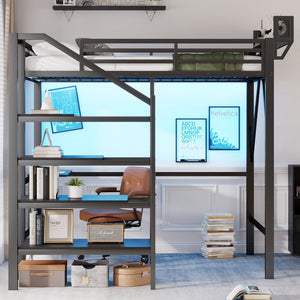 English Elm Full Size Metal Loft Bed with Foldable Desk Staircase Storage and Led Lighting W2580S00072