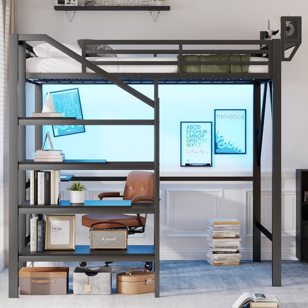 English Elm Full Size Metal Loft Bed with Foldable Desk Staircase Storage and Led Lighting W2580S00072