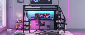 English Elm Metal Queen Loft Bed with L Shaped Desk Wardrobe Rgb Lighting and Usb Charging W2593S00065
