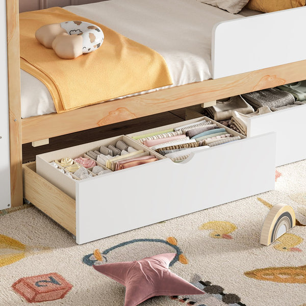 English Elm Twin House Frame Bed Pine Wood with Storage Drawers and Shelves for Kids Bedroom W1580S00572
