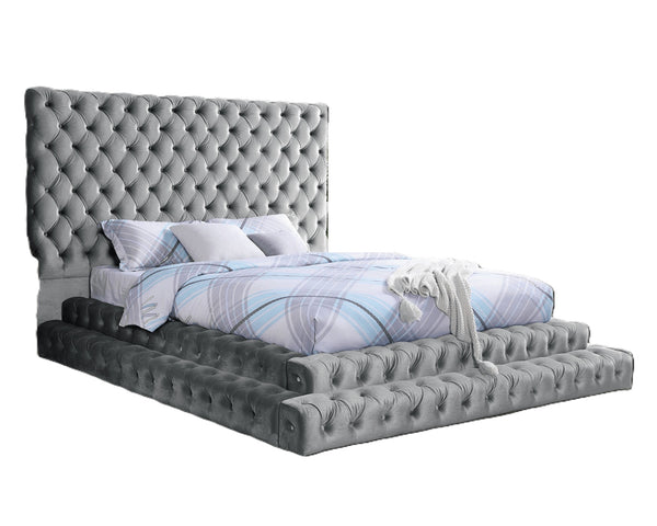 English Elm Contemporary Gray Flannelette King Bed Tufted Tall Headboard Glam Platform Frame B2741S00817