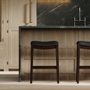 English Elm 31in. Hardwood Barstool Nailhead Faux Leather Seat Club Style Kitchen Island Seating Black B2751P436417