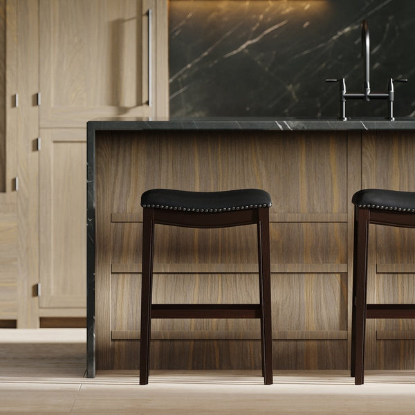English Elm 31in. Hardwood Barstool Nailhead Faux Leather Seat Club Style Kitchen Island Seating Black B2751P436417